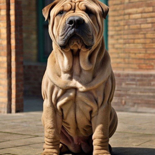 Chó Shar Pei ngồi trước cửa, mặt nhăn đặc trưng và dáng vẻ uy nghi.