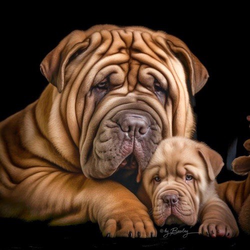 Chó Shar Pei trưởng thành và chó con, nổi bật với làn da nhăn và vẻ ngoài trầm tư.