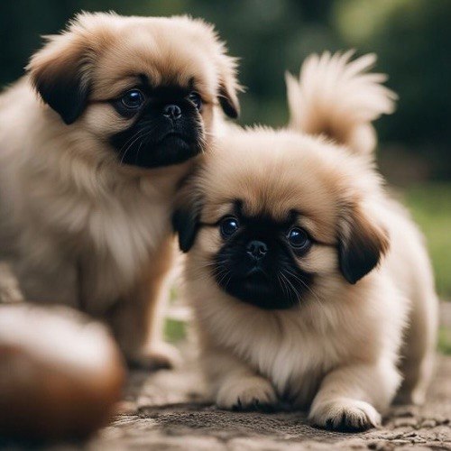 Hai chú chó Bắc Kinh con với bộ lông mềm mại, đáng yêu.