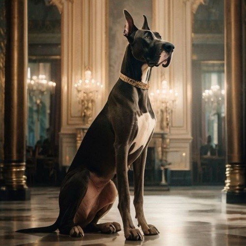 Chó Great Dane sang trọng đeo vòng cổ vàng ngồi trong căn phòng cổ điển.