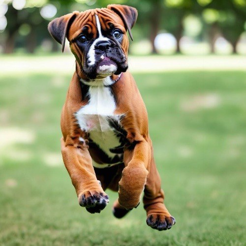 Chó Boxer nhỏ chạy trên cỏ trong ánh sáng tự nhiên.