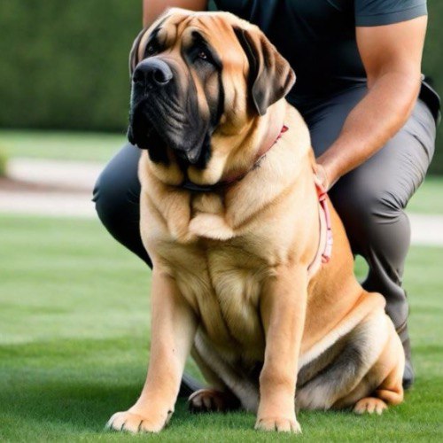 Chó Ngao Bò Anh Bullmastiff, thân hình to lớn, ngồi cùng chủ trên bãi cỏ.