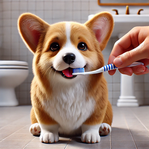 Chó Corgi đang được đánh răng bằng bàn chải trong phòng tắm