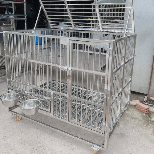 Chuồng inox cho chó mèo 60x100x70cm có bánh xe và bát ăn tiện lợi