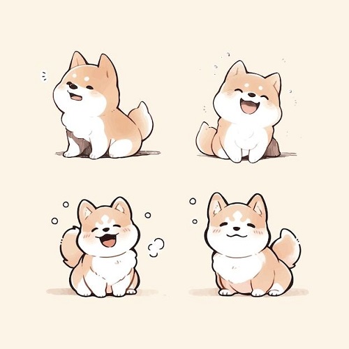 Bốn hình vẽ chibi chó Shiba dễ thương với các biểu cảm đáng yêu dùng làm hình nền điện thoại, máy tính